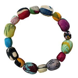 Fair Trade Oval Big Small Bead Bracelet Upcycled Kantha Fabric Boho Handmade NWT